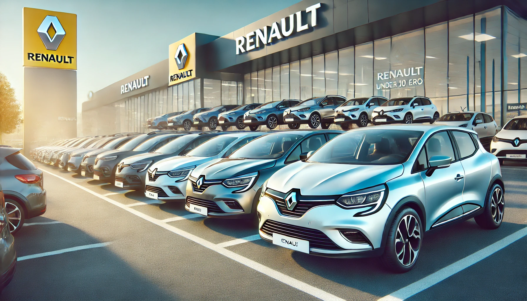 Zehn verschiedene Renault-Modelle bis 10.000 Euro, darunter Clio, Megane, Captur, Kangoo, Zoe und Talisman, aufgereiht auf einem modernen Autohaus-Parkplatz